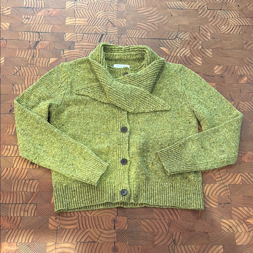 TOAST Women's Cardigan Small Green 100% Wool Round Neck Cardigan w/ Scarf